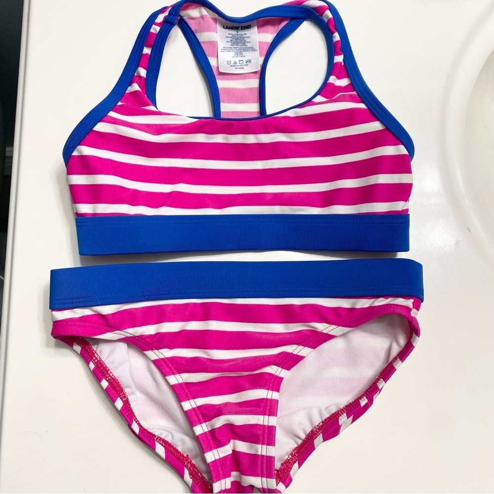 Lands End Girls 5T Bikini Bathing Suit Pink Striped Two Piece